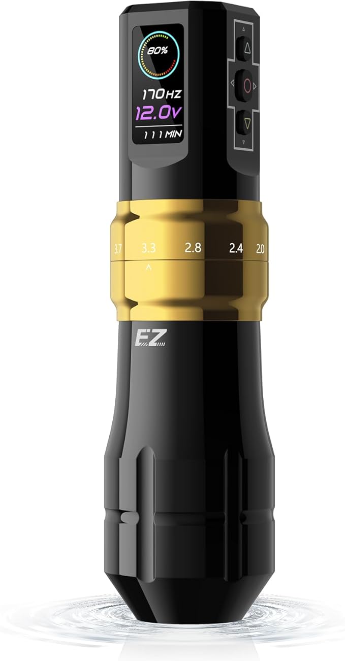 EZ Maquina Tatuar - 6 Strokes 2.0, 2.4, 2.8, 3.3, 3.7, 4.2mm Bluetooth Máquina de Tatuar Inalámbrica con Pantalla Digital OLED Batería de 1600 mAh Tattoo Gun (P3 Pro Dorado Brillante)