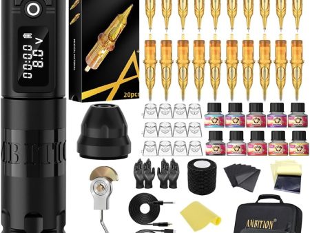 Ambition Soldier Tattoo Machine Kit completo Rotary Wireless Tattoo Pen Gun Kit con 20 piezas Glory Tattoo Cartucho Agujas Práctica Suministros de piel para principiantes y artistas profesionales